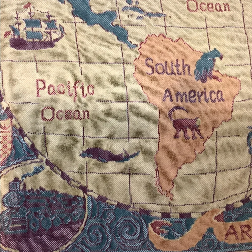 Elegant World Map Tapestry – Blue, Red & Gold –‎ Wall Hanging or Rug